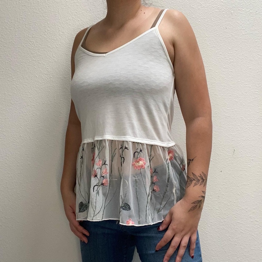 Fun white sheer embroidered floral tank top shirt